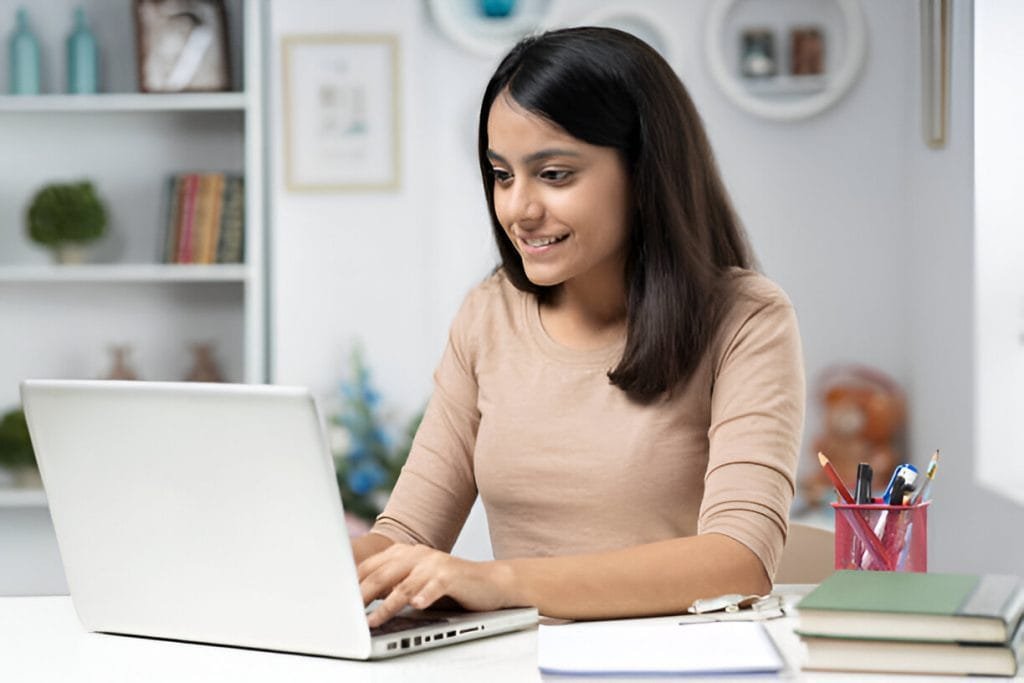 Woman researching on laptop